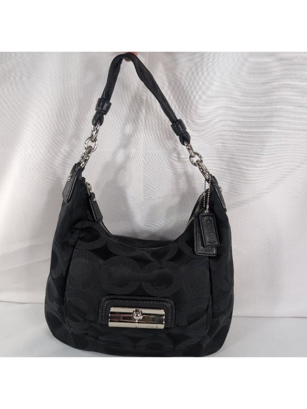 Coach 16784 Kristin OP Art Purse Black Canvas Signature Sateen Hobo Shoulder Bag